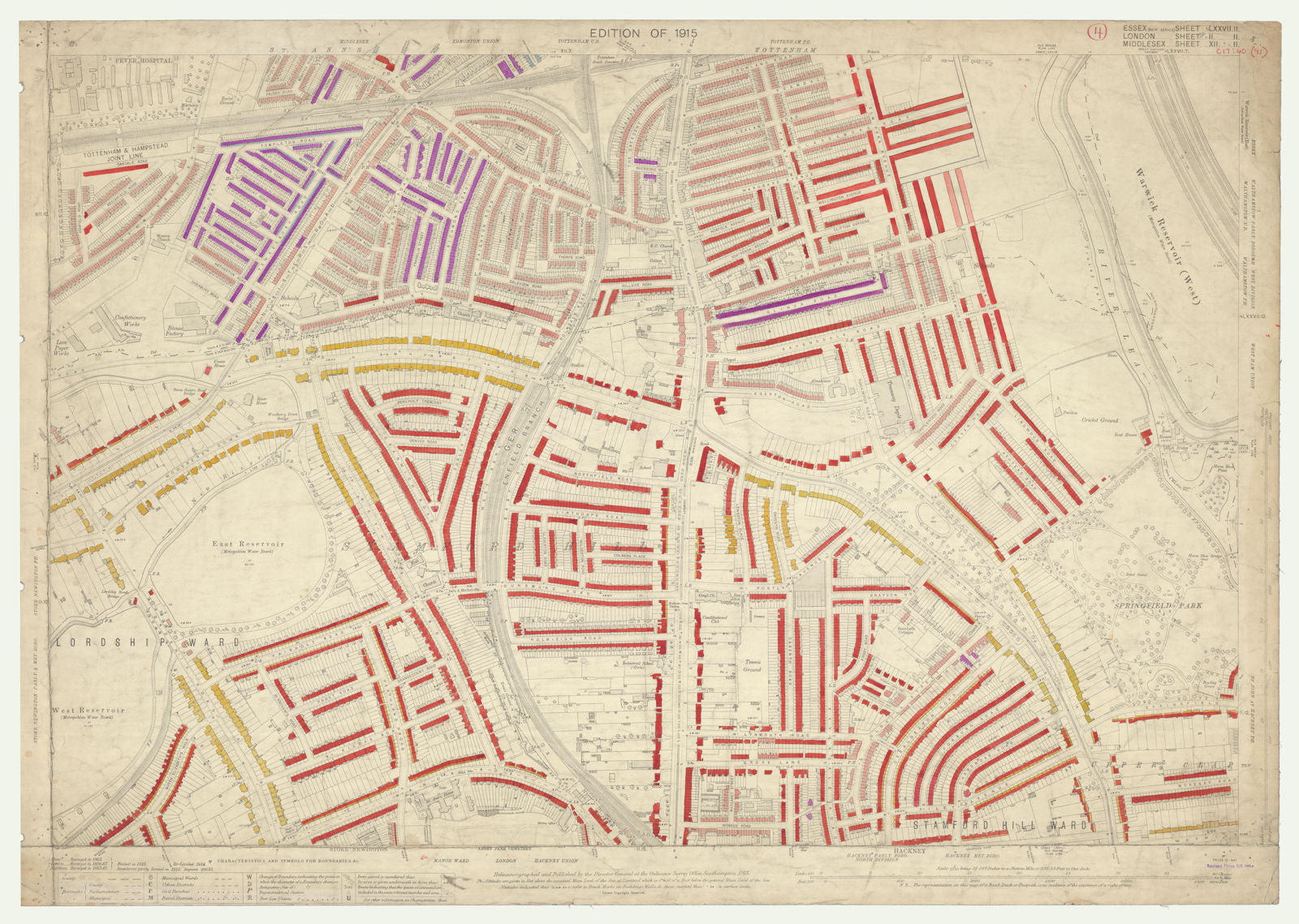 LSE POVERTY OS PROOF MAP South Tottenham  Stamford Hill  Upper Clapton 1928